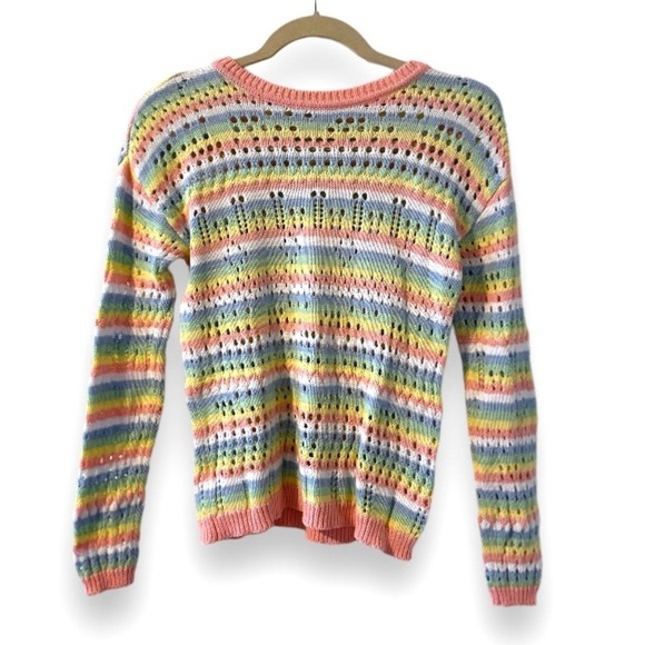 Elliott Lauren Multicolor Open Knit Crewneck Sweater Women’s Size XS Pastel EUC - Picture 2 of 15